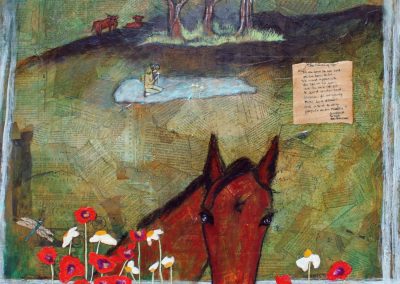 Paper collage of horse in the field with woman