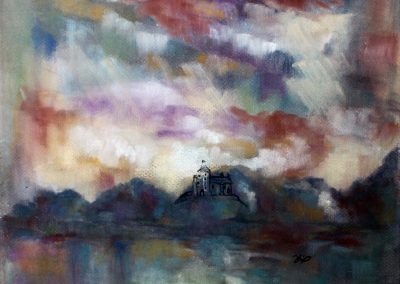 Impressionistic painting of cloudy sky & castle