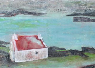 Impressionistic painting of cove with little white house & red roof