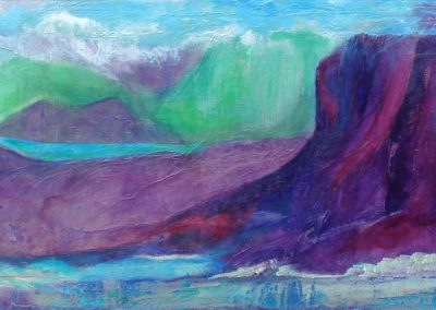 Impressionistic painting of purple blue mountains
