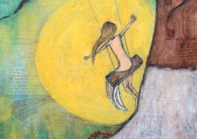 Painting of woman swinging on tree swing into the sun
