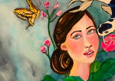 Beautiful watercolor portrait w/ butterfly & koi