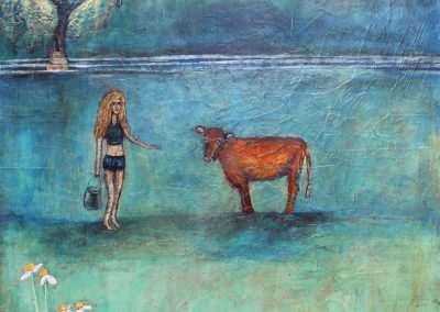 Woman feeding brown cow in pasture painting